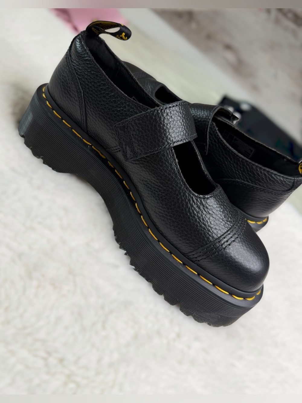Dr. Martens Black Leather Mary Jane Platform with Yellow Stitching - Picture 5 of 7